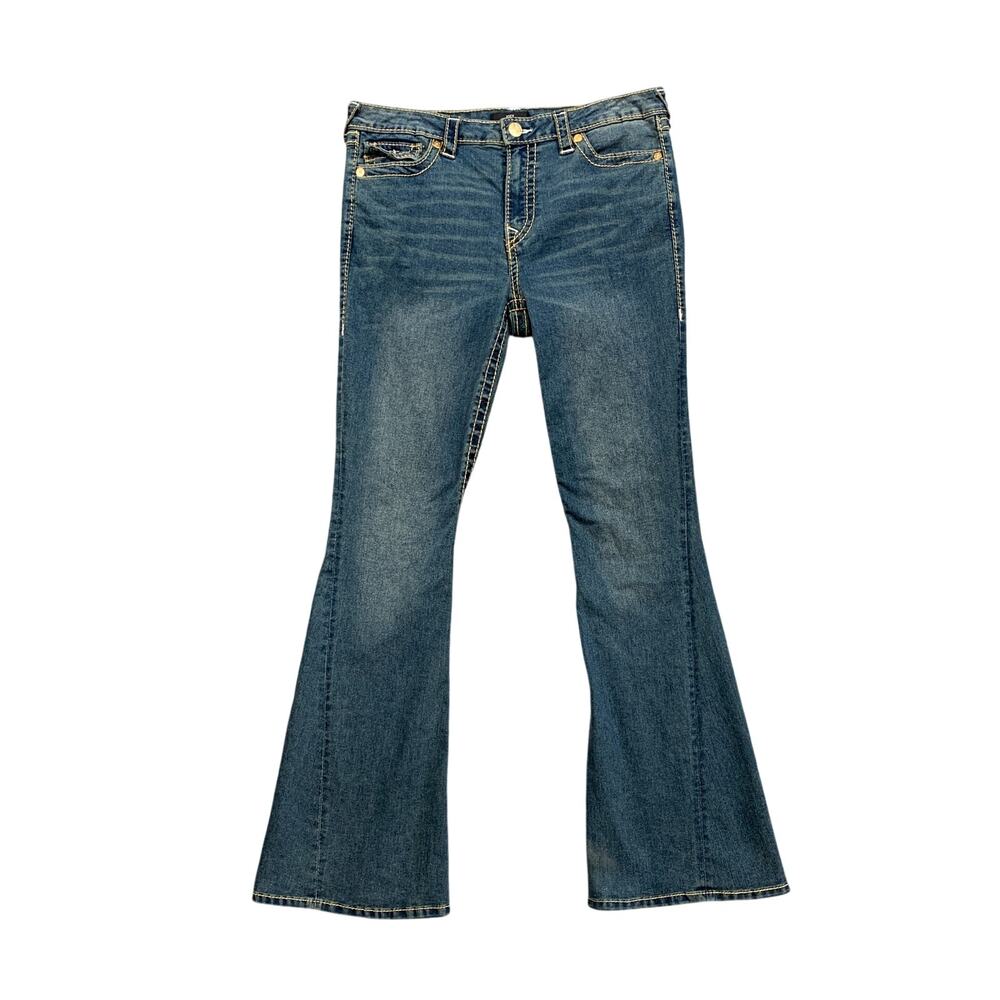 True Religion Jeans Womens 31 Blue Joey Mid Rise Flap Pockets Flare Big T Denim